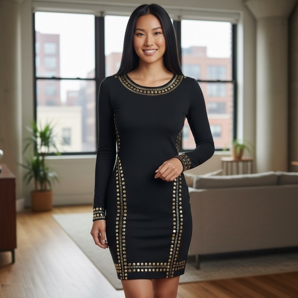 Dresses & Skirts - Black Bodycon Dress with Gold Stud Embellishments – Long Sleeve – Size L